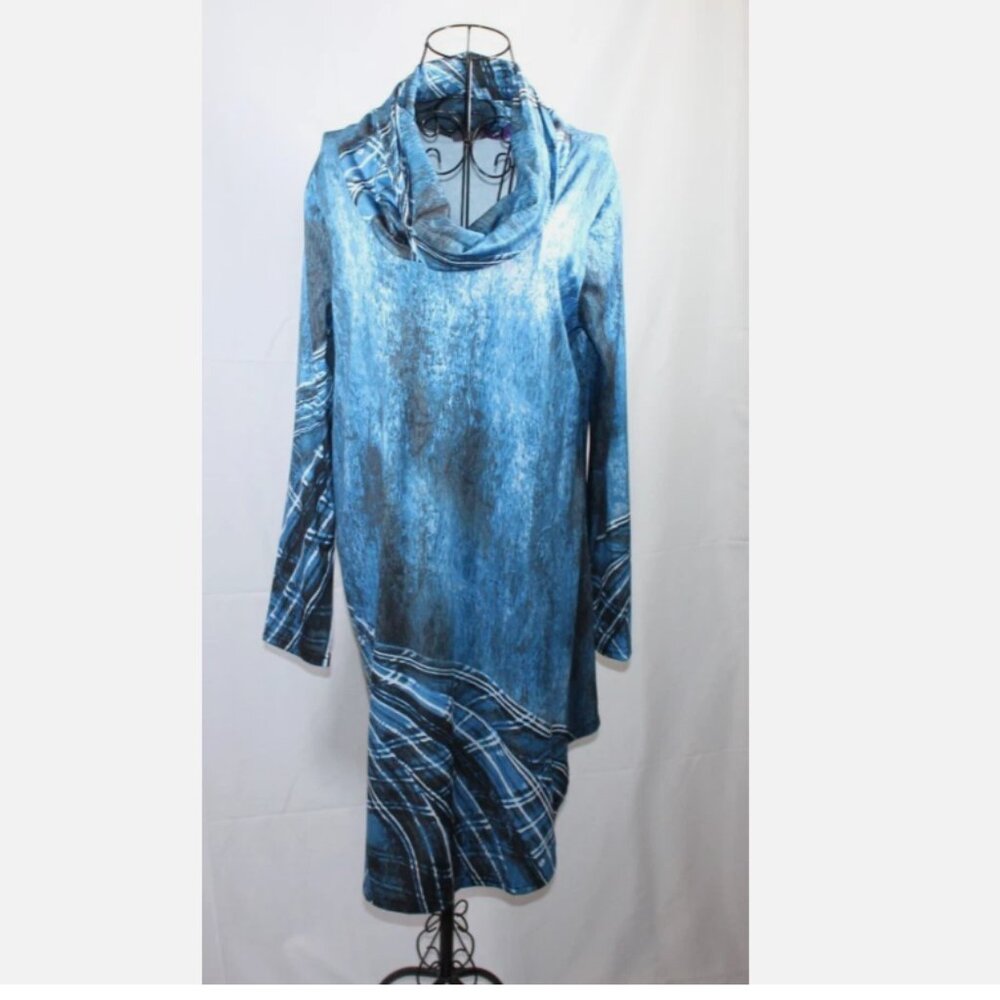 Blue Cowl Neck Dress Watercolor Plaid Print Shift NWT XL Azelea Pullover Tunic